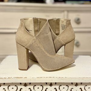 JustFab Chic Peek Perforated Suede Booties